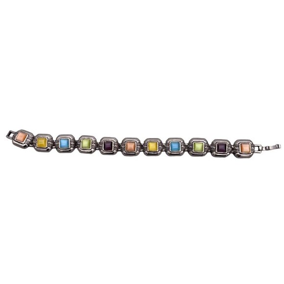Multicolor Stone Tennis Chain Bracelet Engraved Silver Tone Fold Over Closure - Picture 1 of 9